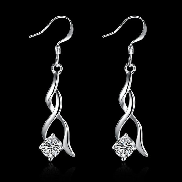 Fine Silver Jewelry - Very Cute Sterling Silver Small Twisted Drop Earrings CZ Stud " Hypoallergenic "
